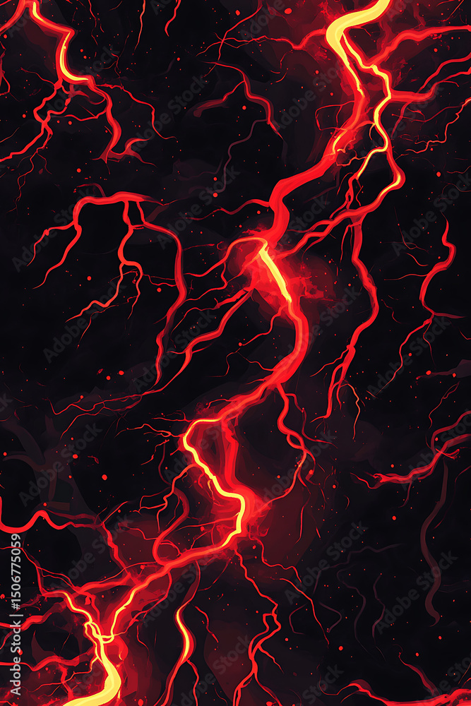 Poster abstract depiction of vibrant red lightning bolts against a dark background, creating a dynamic ener