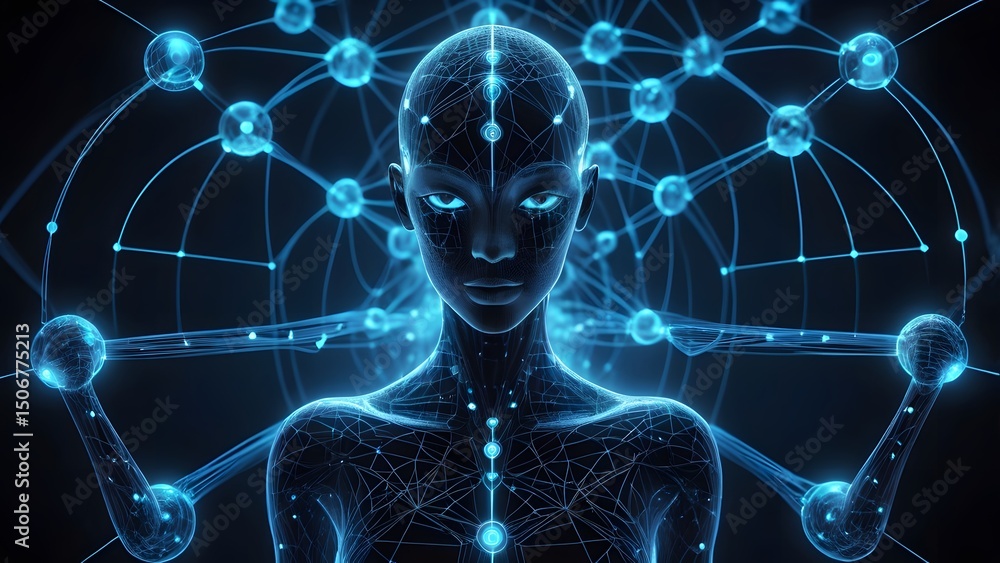 Poster futuristic ai network of connected digital minds – neural technology visualization