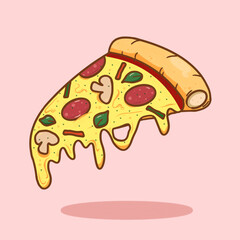 illustration of pizza|| a cheesy pizza slice with sausage and mushroom.