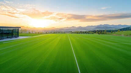This image showcases a stunning sports turf field set against the backdrop of a picturesque landscape The lush manicured grass creates a serene and inviting atmosphere
