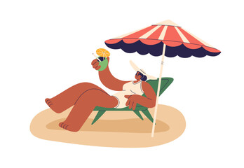 Woman with cocktail drink relaxing on beach, lying under parasol, sun umbrella. Female sunbathing on chaise lounge on summer vacation, holiday. Flat vector illustration isolated on white background.