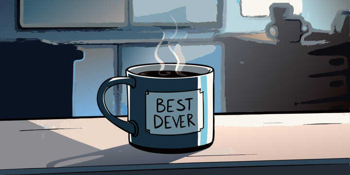 Cartoon Illustration of a Best Dever Mug with Steam on a Windowsill in the Morning