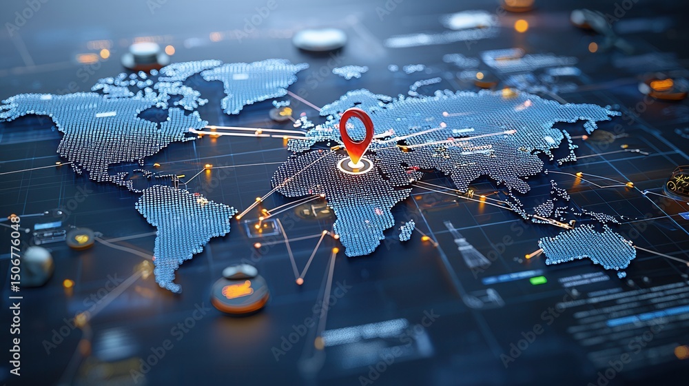 Poster a detailed and advanced digital map of the world showcasing a prominent location marker highlighting