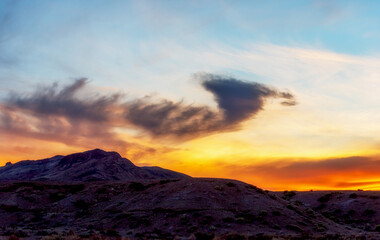 Sunset over the mountains in the Death Valley.