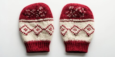 Knitted gloves resting on white background, embracing winter warmth