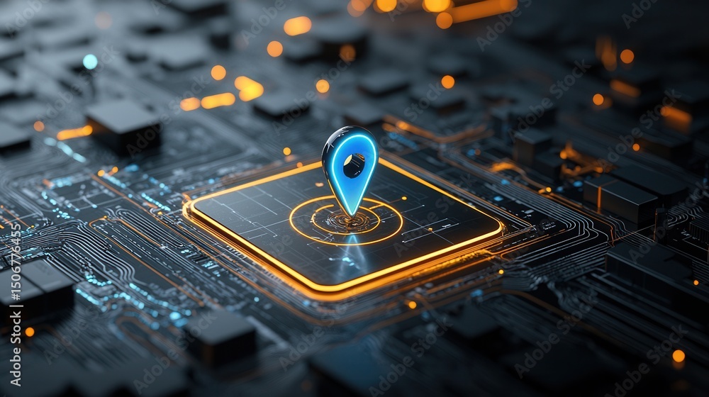 Poster a close up view of a neon blue map pin resting on a complex high tech circuit board filled with micr