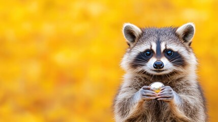 Playful raccoon holding shiny object in vibrant autumn setting