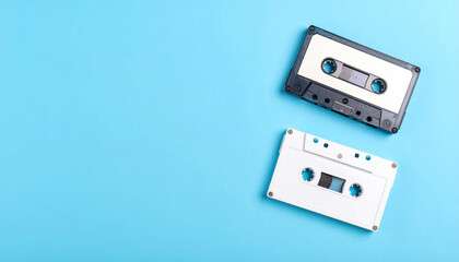 Fototapeta premium Retro audio tape cassette from 80s and 90s isolated on blue background. Old technology concept.