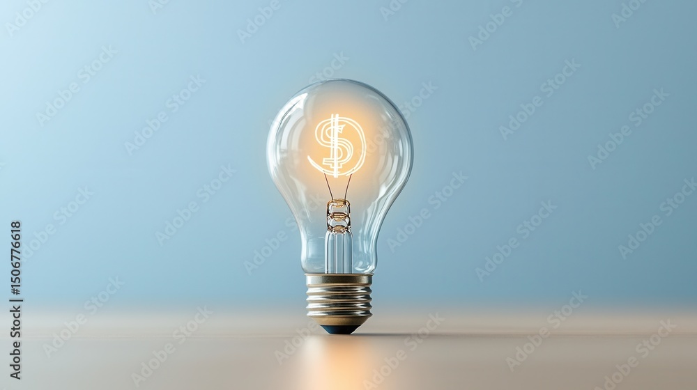 Poster a visually striking and conceptual image depicting a lightbulb with a glowing dollar sign inside sym