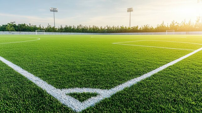 A beautifully maintained sports field with vibrant green turf crisp white boundary lines and stadium lights in the background