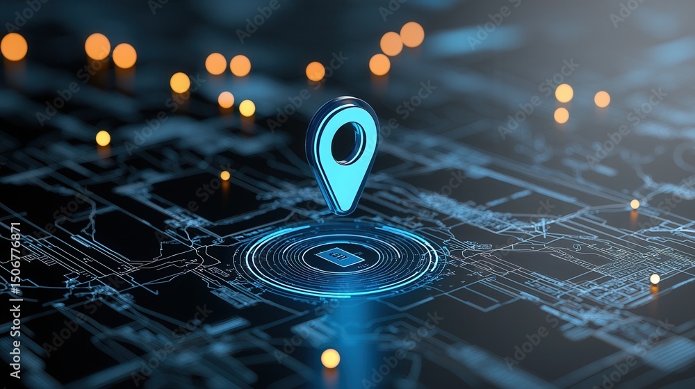 Poster a futuristic and abstract digital map with glowing navigation markers illuminated grid lines and a l