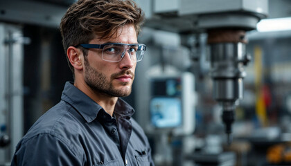 Focused technician by CNC machine in workshop, showing skilled precision work.

