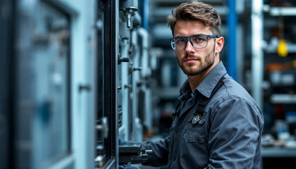 Focused technician by CNC machine in workshop, showing skilled precision work.

