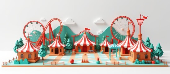 Obraz premium 3D paper model concept. Colorful carnival scene with tents, rides, and trees in a whimsical design.
