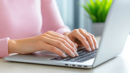 Naklejka premium Woman Using Laptop for Remote Work with Plant in Background