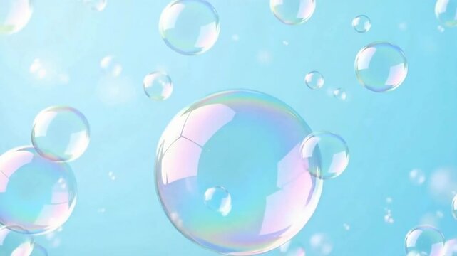 on a bright blue background decorated with numerous rainbow soap bubbles floating smoothly over the stage.