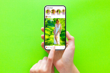 Sample social media posts on mobile phone, green background