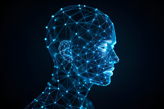 Blue human head silhouette with binary code technology concept illustration - Powered by Adobe