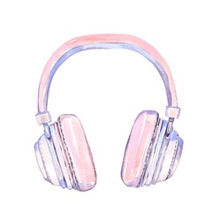 Pink headphones hand painted in watercolor style isolated on white modern wireless gadget for music listening podcast travel lifestyle decor cute tech accessory clipart for kids or teen design