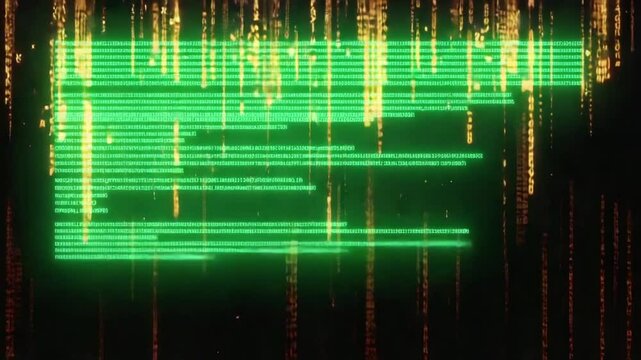 seamless loop of cascading digital rain lines, occasional pixel sorting glitches turning lines horizontal holographic text fragments, matrix-style abstract animation, high wallpaper 4k video