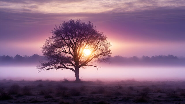 trees silhouettes in morning fog, sunrise over the meadow with soliter old tree
