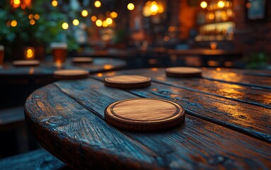 Obraz premium Wooden Table Mockup with Round Coasters in Cozy Dimly Lit Bar