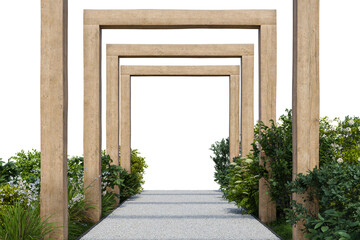 Gravel walking path and wooden frame entrance. 3d rendering of nature garden with empty background.