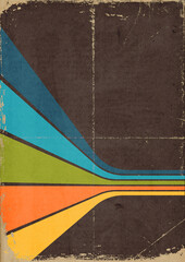 1970s background pattern. Vintage colored perspective stripes on grunge, worn out paper with scratches and folds.