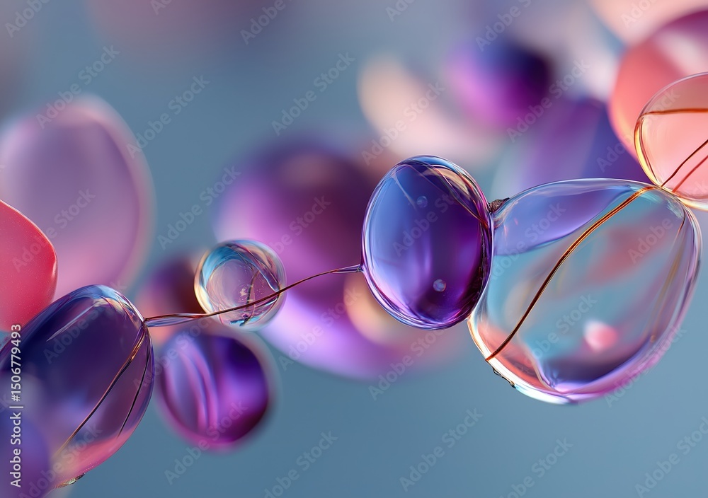 Poster Colorful and translucent bubbles floating and connecting with thin threads