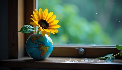 Sunflowers sprout from a globe on a fall market stall, Sunflowers for sale, Farmers Market, created with generative ai