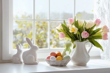 Easter bunnies admiring colorful eggs and tulips bouquet on windowsill