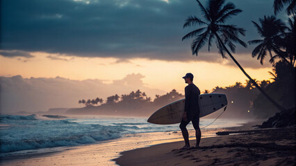 Stunning surfer standing on the beach at dusk holding a surfboard, surrounded by palm trees and gentle waves, capturing the essence of adventure and ocean lifestyle.