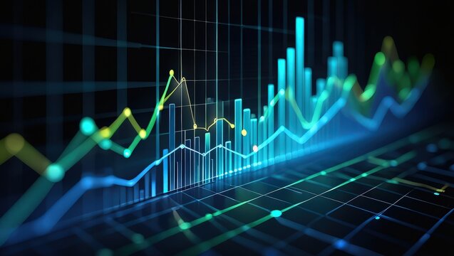 
Dynamic blue and green digital stock market graph with bar charts and lines on a dark background, representing financial data analysis, investment trends, business growth, and global economy fluctuat - Powered by Adobe