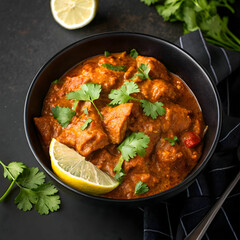 Fototapeta premium Rich and creamy Indian butter chicken served in a black bowl against a dark background,