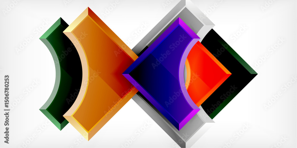 Poster abstract geometric shapes intersect. bright colors create dynamic visual impact against dark backgro
