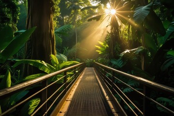 Sunlit Rainforest Bridge A Serene Path Through Lush Greenery