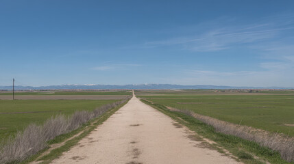 Fototapeta premium Wide road into distance, flanked by green fields and blue sky. High-definition, horizontal composition. Serene beauty.
