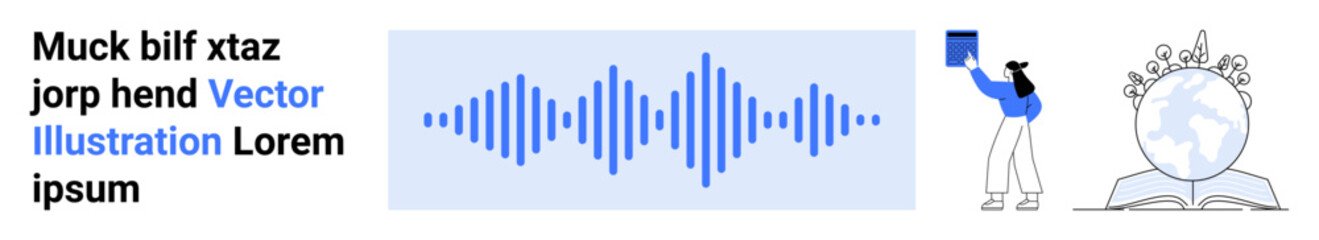 Audio waveform centerpiece, person holding a book, globe with plants growing from open book. Ideal for education, audio technology, sustainability, learning, creativity, global awareness simple