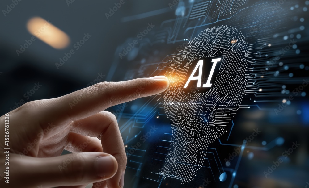 Poster businessman touching artificial intelligence icon in futuristic digital brain interface