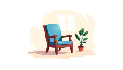 Cozy blue chair beside a green potted plant in a sunlit room with a window