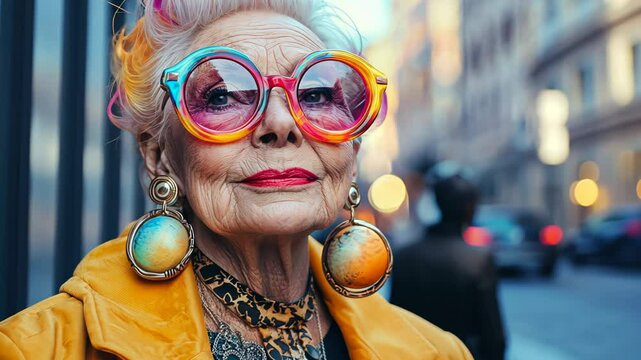 Stylish elderly woman with colorful glasses poses in a busy urban setting during the afternoon