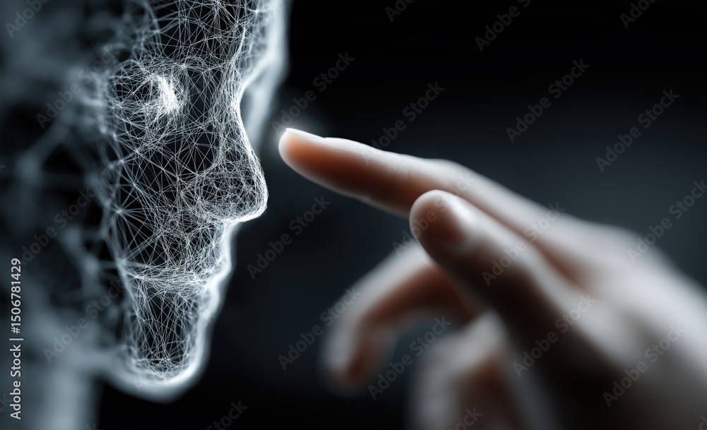 Poster finger touching digital face made of connections, big data and artificial intelligence concept