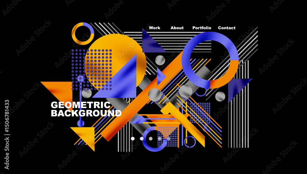 Poster Abstract geometric composition. Vivid colors, lines, shapes create dynamic visual experience. Text elements present portfolio information.