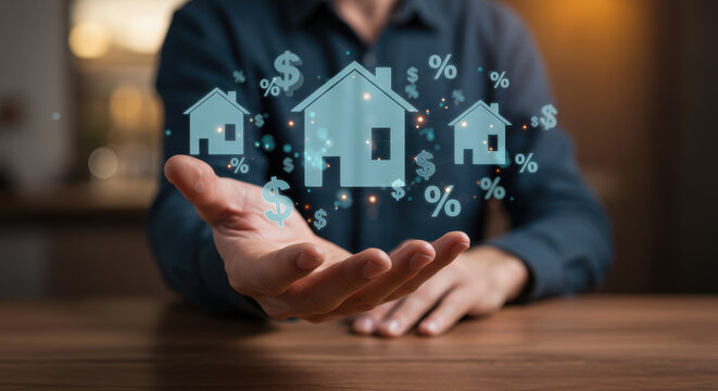 Man presents houses, dollar signs, and percentages in palm, symbolizing real estate investment and mortgage rates. - Powered by Adobe