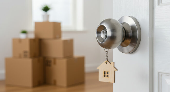 Moving into a New Home: Key to new beginnings with boxes in the background.