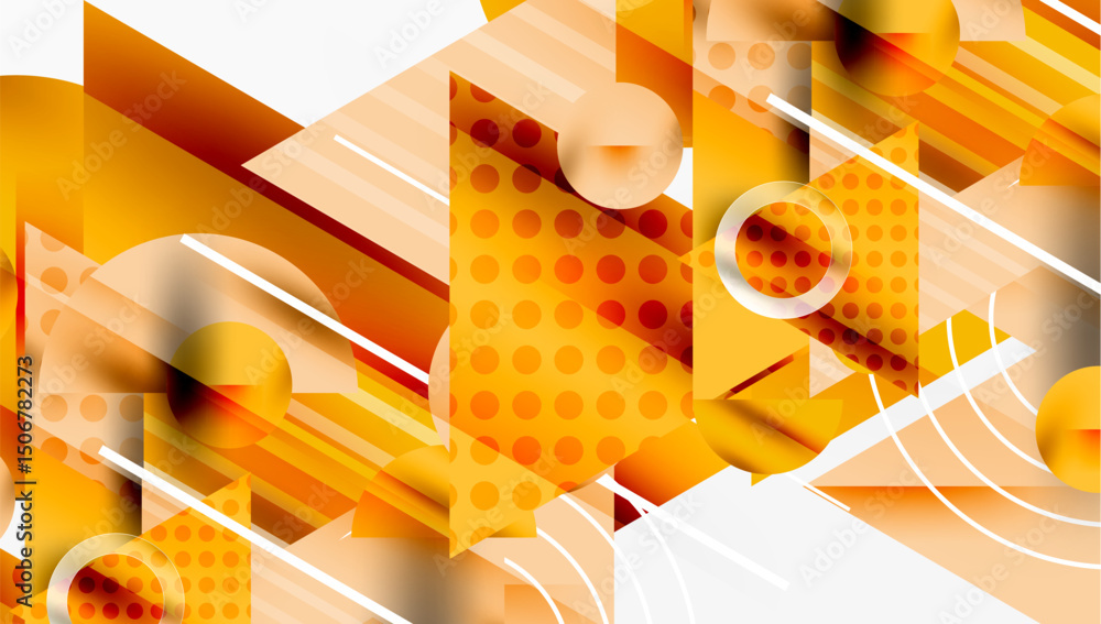 Poster abstract geometric design. orange, yellow hues dominate. circles, rectangles, lines create dynamic c