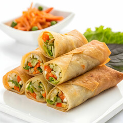 Fresh Vegetable Spring Rolls Isolated on White Background, Showcasing Crisp, Colorful Ingredients in a Light,