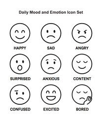 Daily Mood and Emotion Icon Set - Minimalist Black and White Line Art