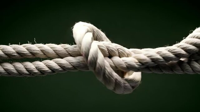 Close Up Of A White Rope Tied Into A Complex Knot Over A Dark Green Backdrop