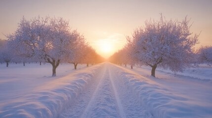 Obraz premium tranquil snowy orchard with rows of frosted apple trees illuminated by the soft light of the rising sun, Generative AI